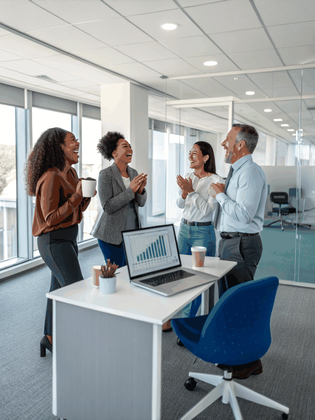 A professional team celebrating a successful project milestone