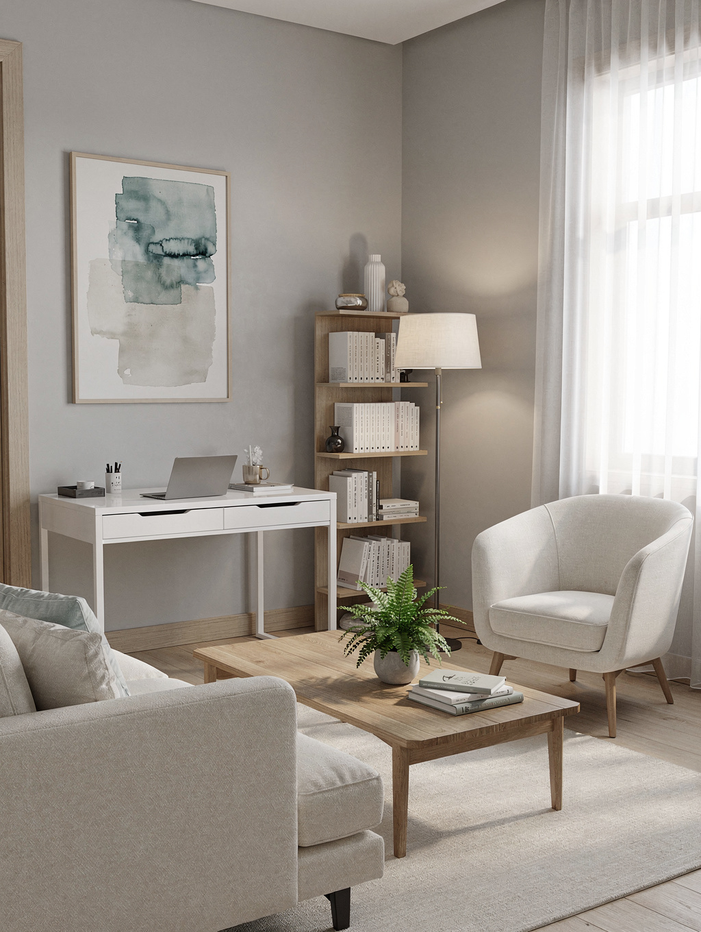 A calm, professional therapy office space with soft lighting and comfortable seating